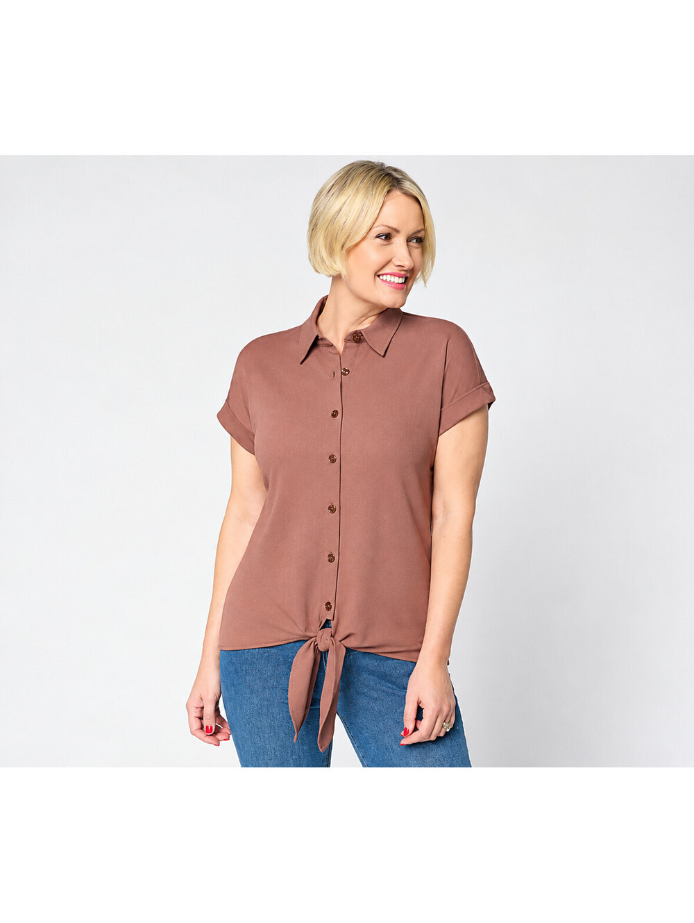 Belle Beach by Kim Gravel Cabana Knit Tie Front Camp Shirt Safari Brown, Large